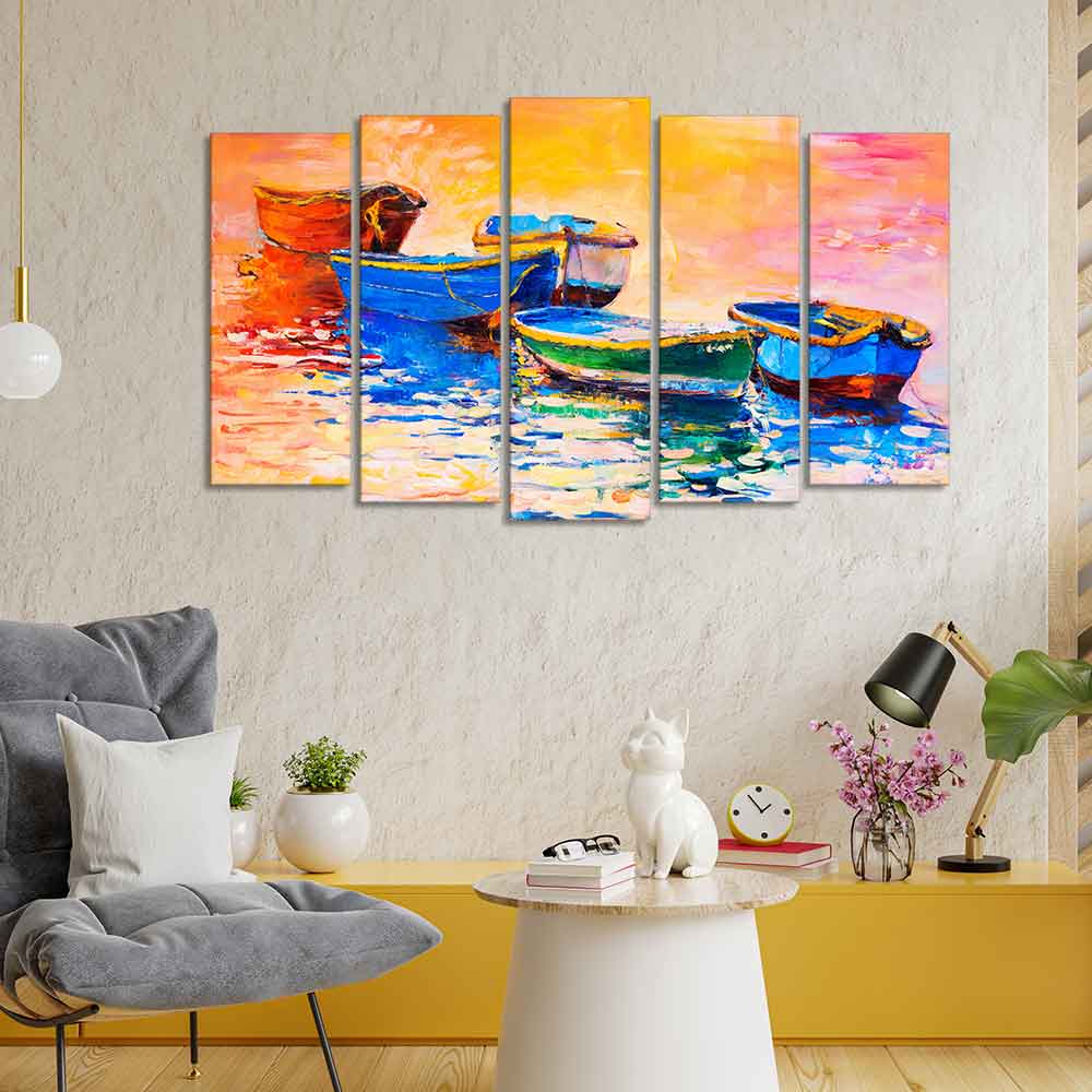 Boats and Sunset Canvas Wall Painting Five Pieces Set of Five - Image 2