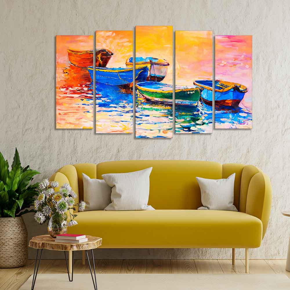 Boats and Sunset Canvas Wall Painting Five Pieces Set of Five - Image 3