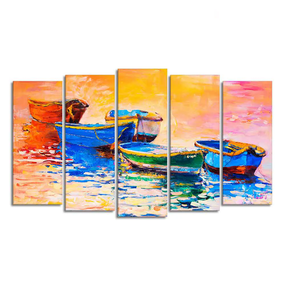 Boats and Sunset Canvas Wall Painting Five Pieces Set of Five - Image 4