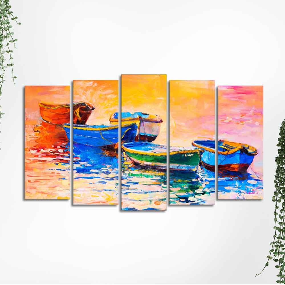 Boats and Sunset Canvas Wall Painting Five Pieces Set of Five - Image 5