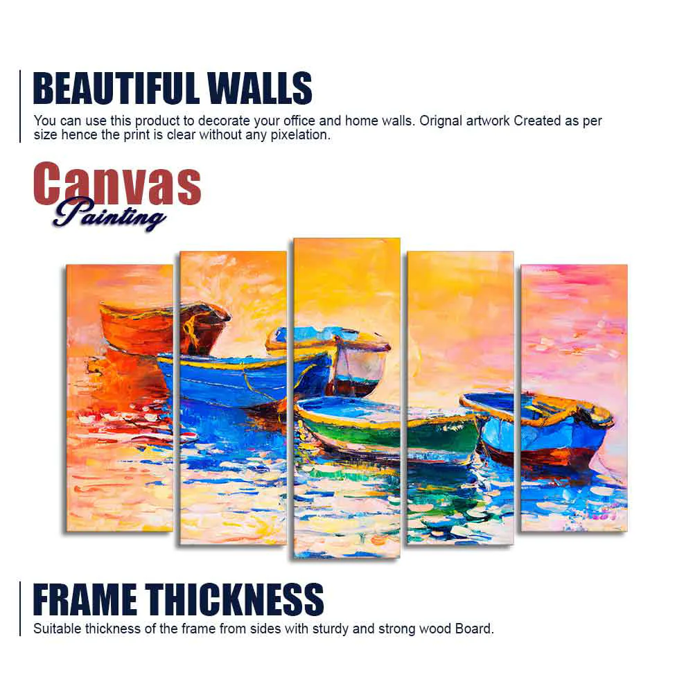 Boats and Sunset Canvas Wall Painting Five Pieces Set of Five - Image 6