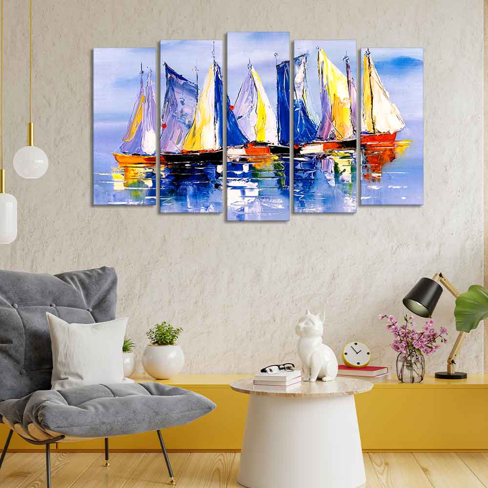 Boats in Ocean Canvas Wall Painting of Five Pieces - Image 2