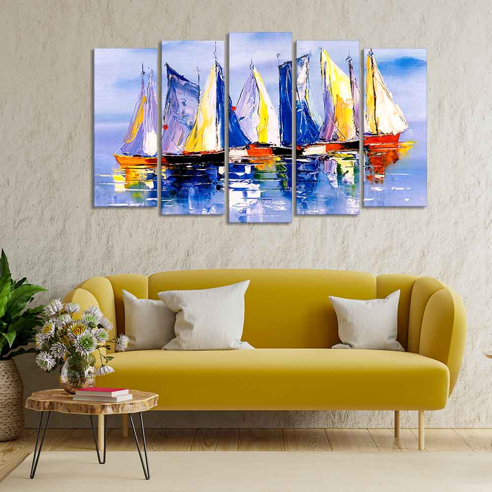 Boats in Ocean Canvas Wall Painting of Five Pieces - Image 3