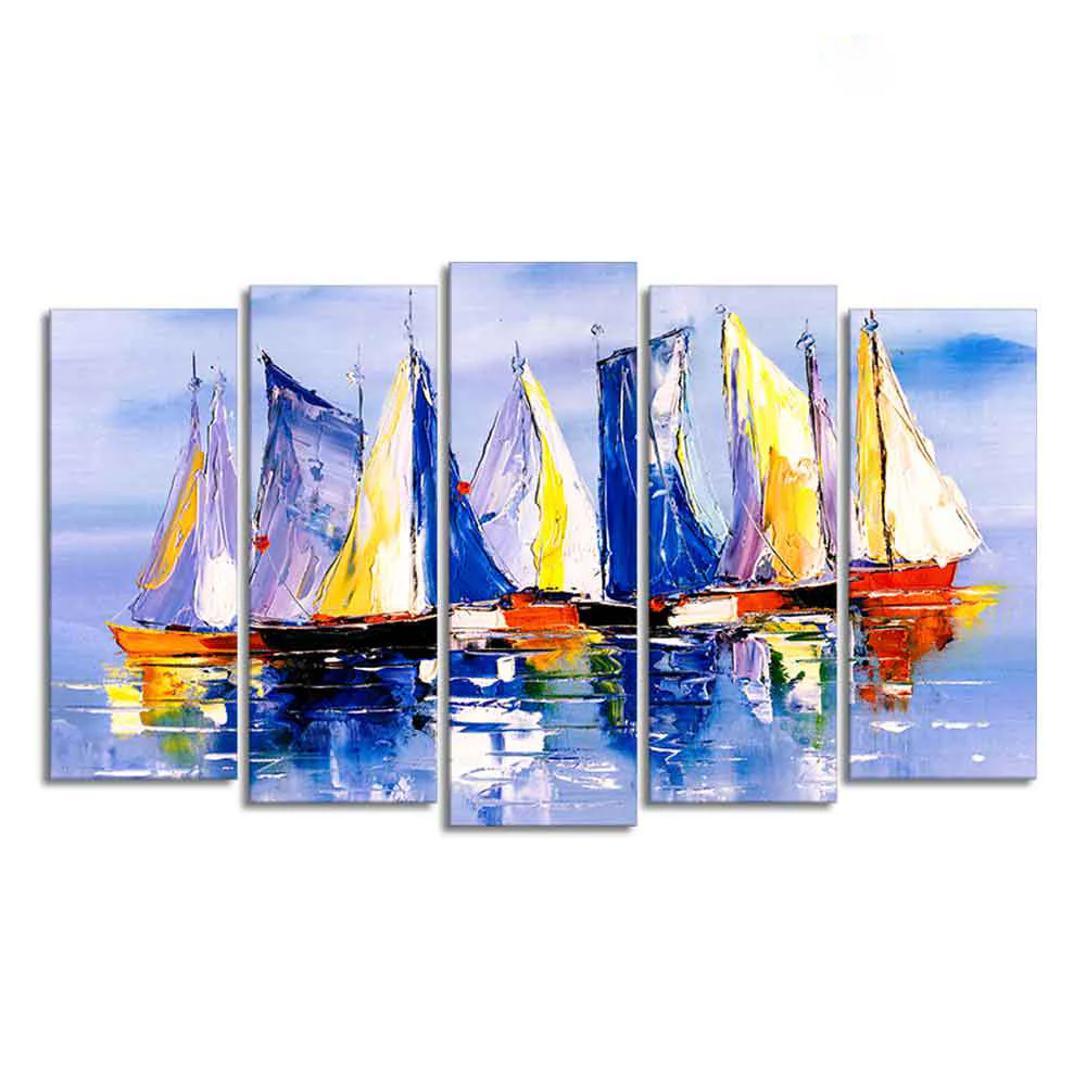 Boats in Ocean Canvas Wall Painting of Five Pieces - Image 4