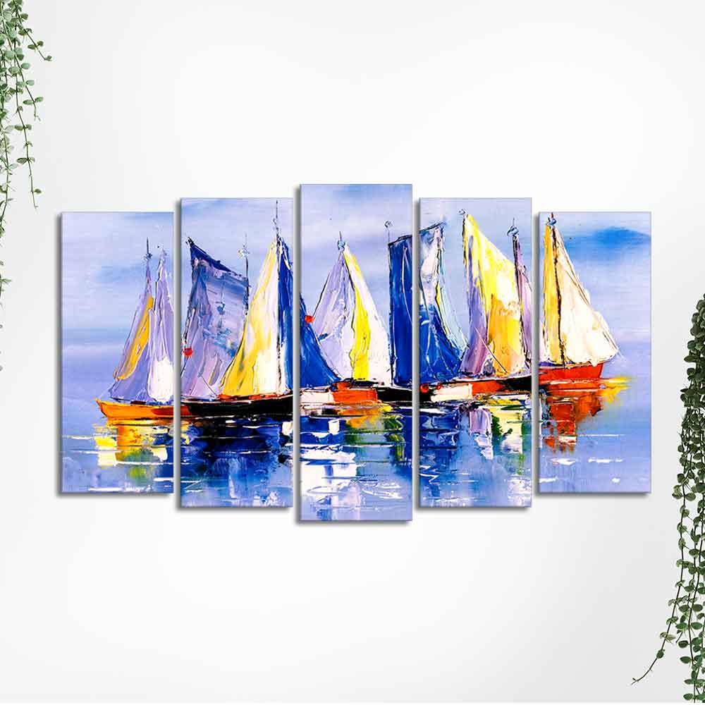 Boats in Ocean Canvas Wall Painting of Five Pieces - Image 5