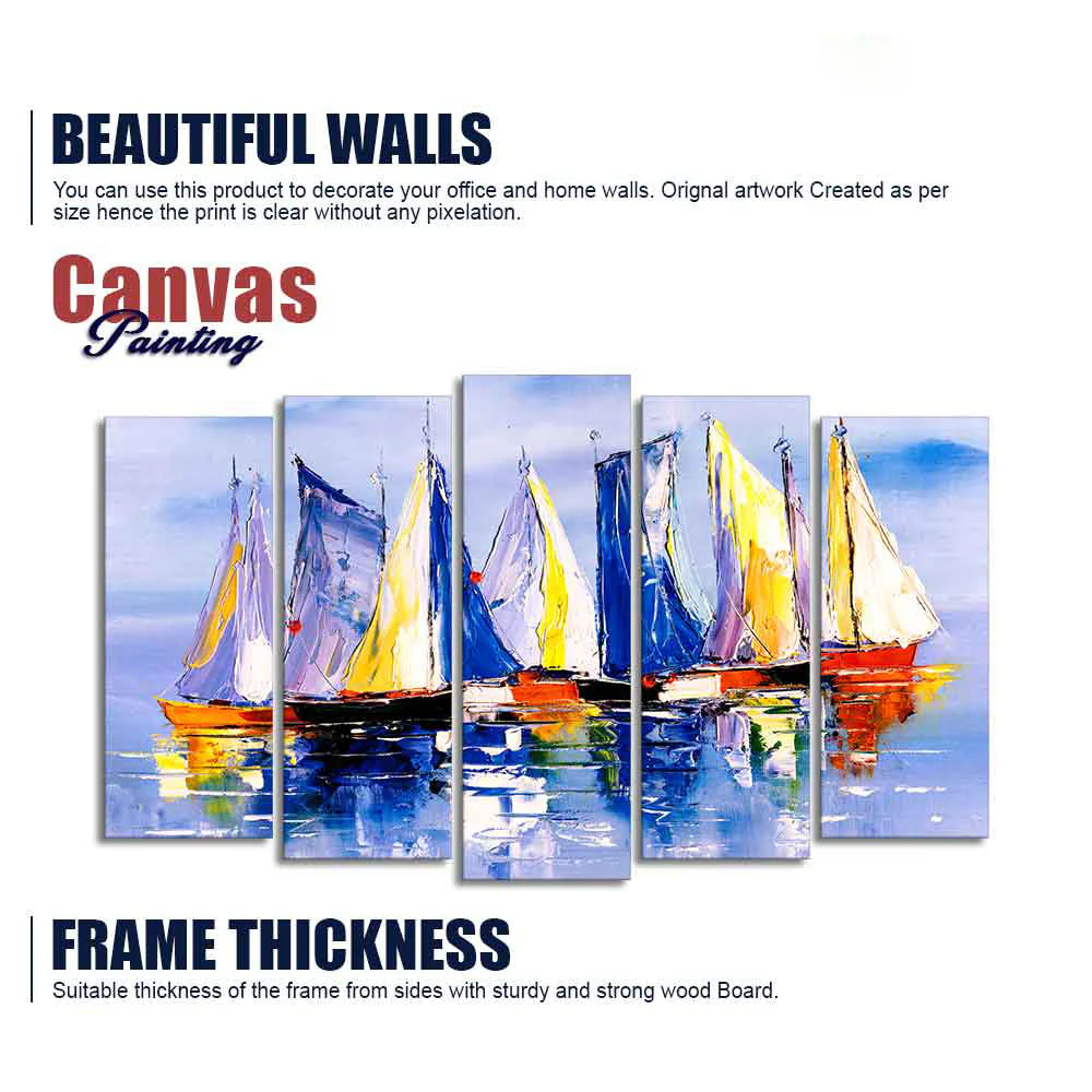 Boats in Ocean Canvas Wall Painting of Five Pieces - Image 6