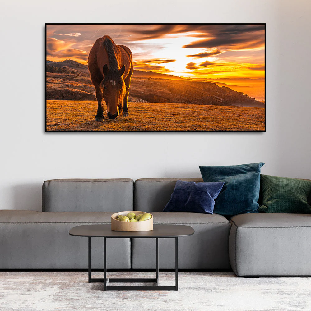 Brown Horse Eating At Sunset Premium Wall Painting - Image 3