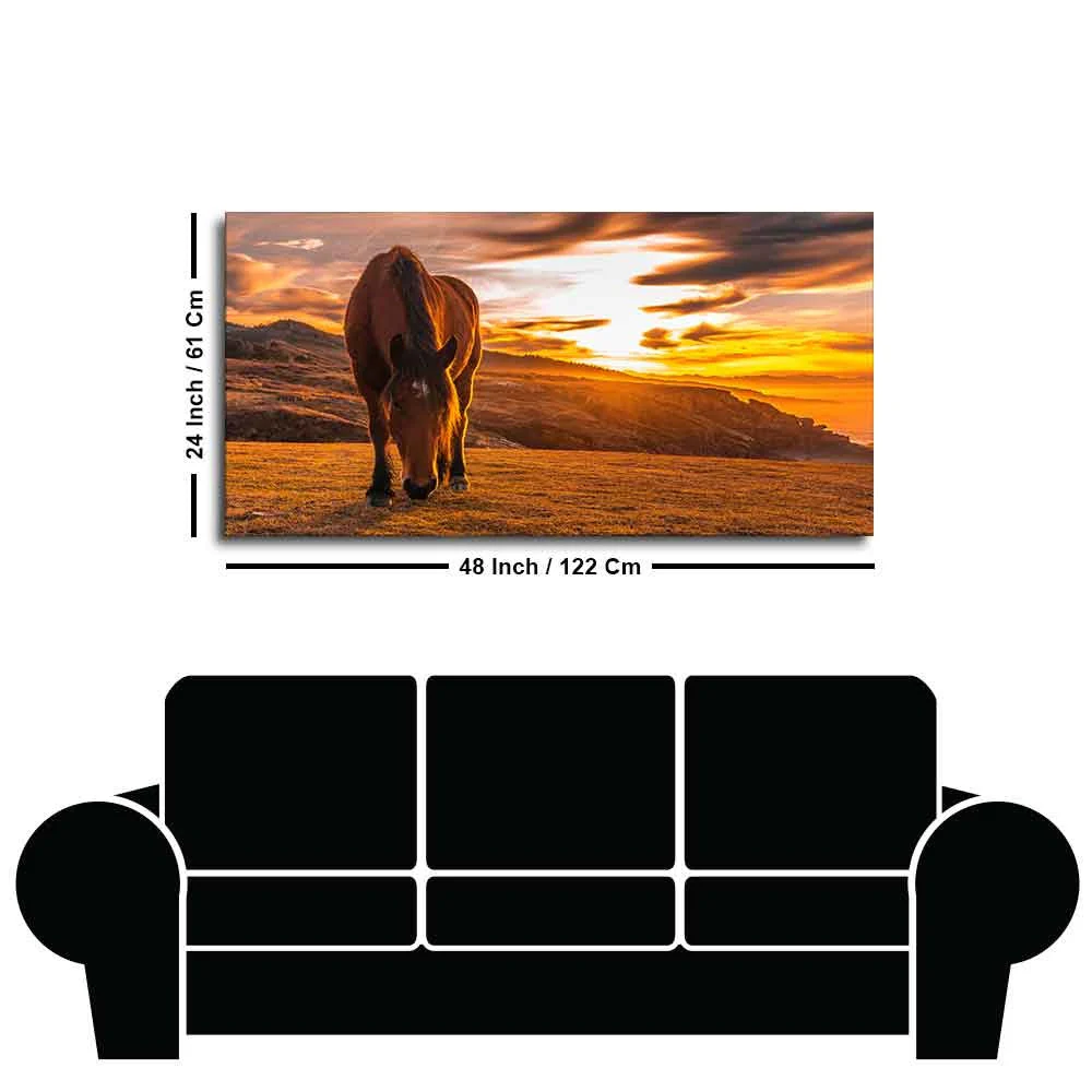 Brown Horse Eating At Sunset Premium Wall Painting - Image 7