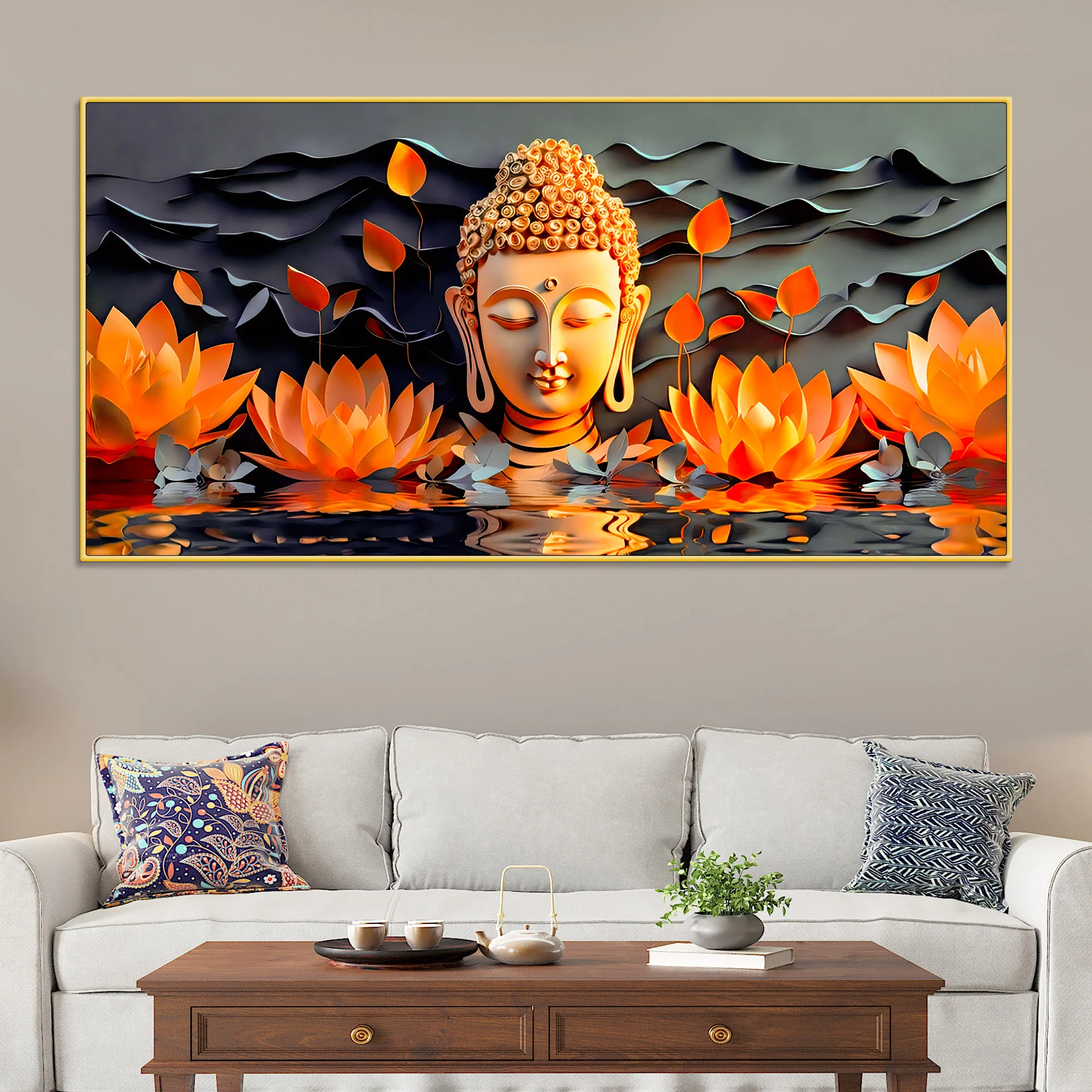 Buddha Canvas Wall Painting with Lotus Flower Design - Image 2