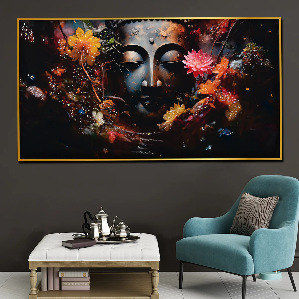 Buddha in Blooms Framed Crystal Glass Painting - Image 2
