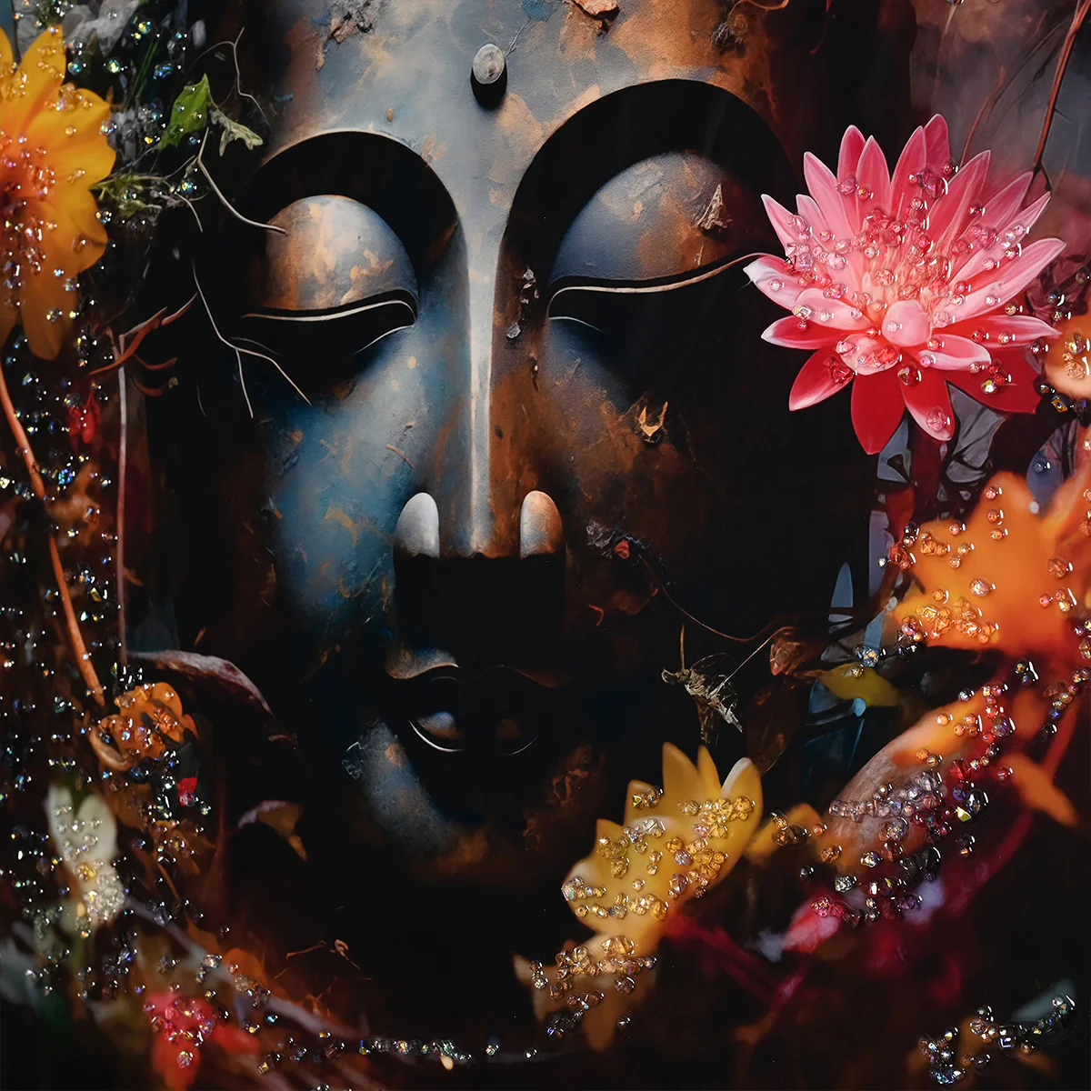 Buddha in Blooms Framed Crystal Glass Painting - Image 3