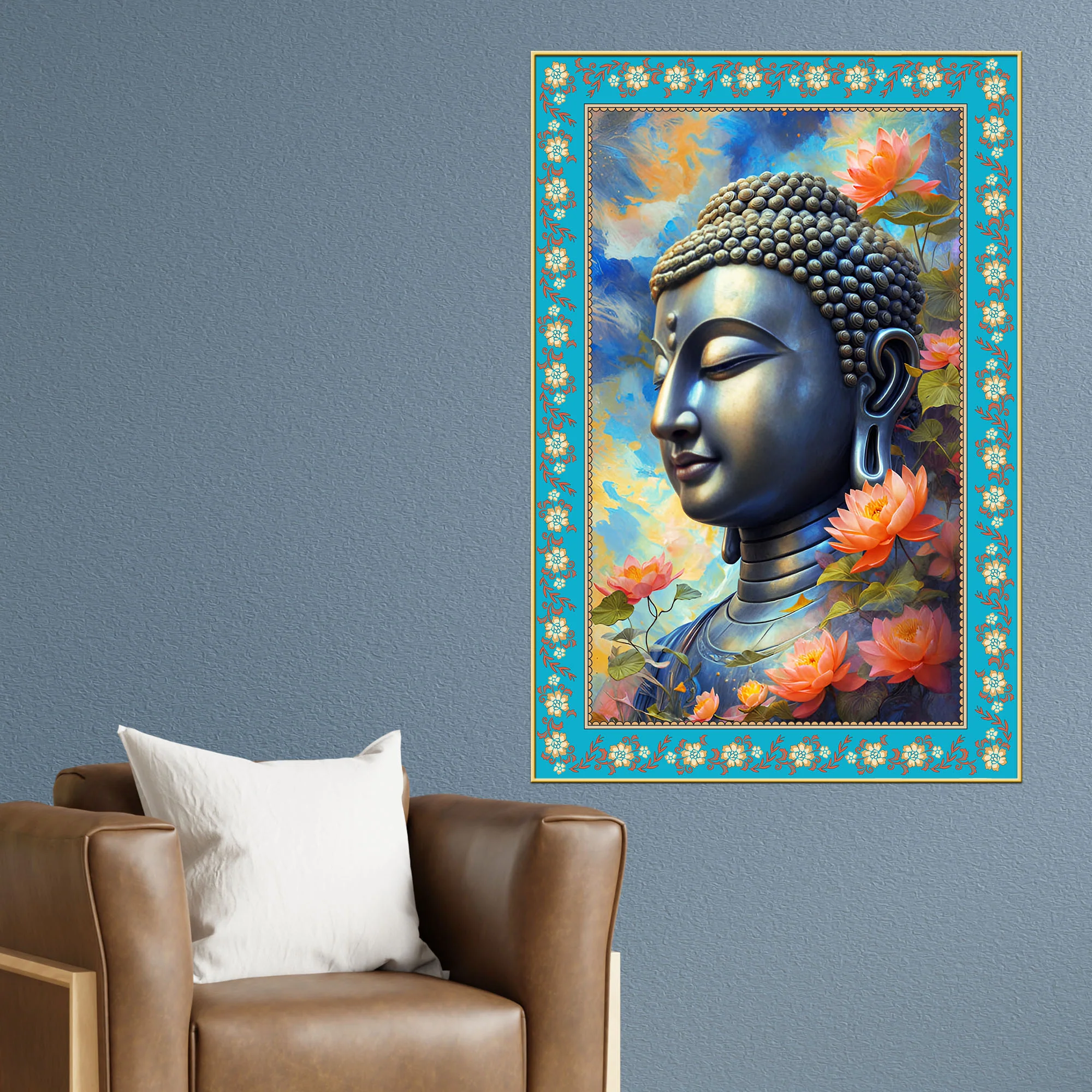 Buddha Rainbow Flowers Border Vertical Canvas Wall Painting - Image 2