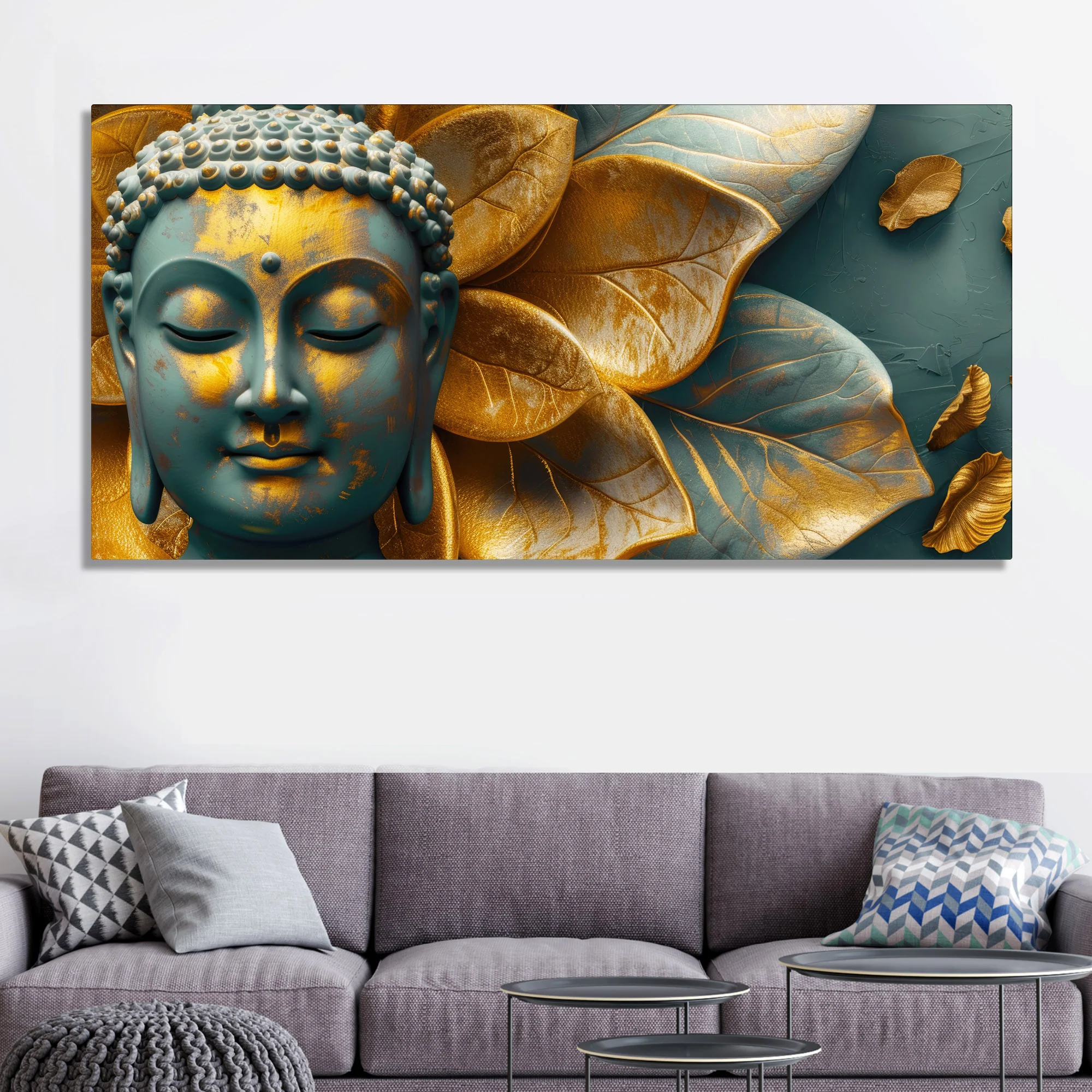 Buddha Statue with Golden Flower Leaf Art Canvas Wall Painting - Image 2