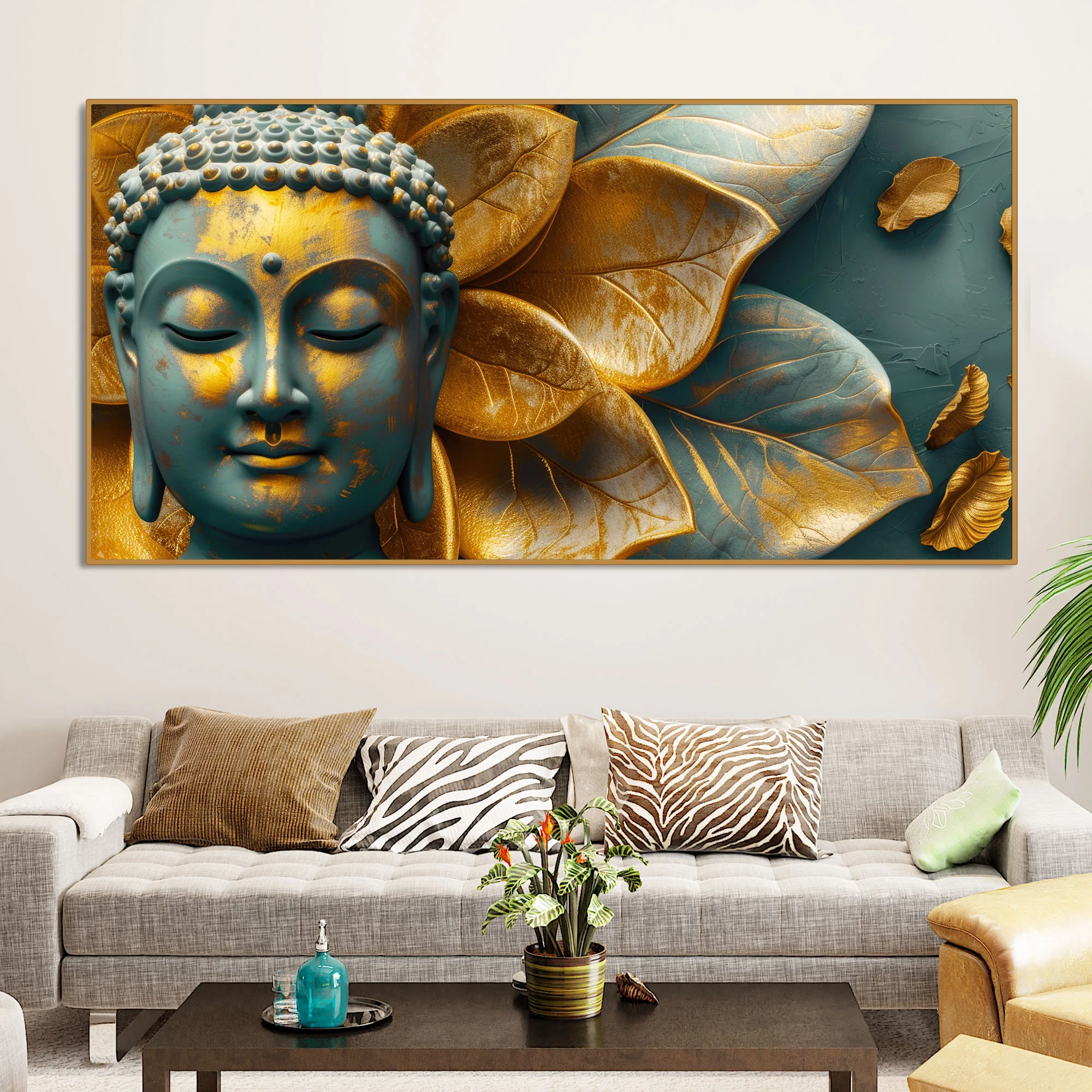 Buddha Statue with Golden Flower Leaf Art Canvas Wall Painting - Image 3