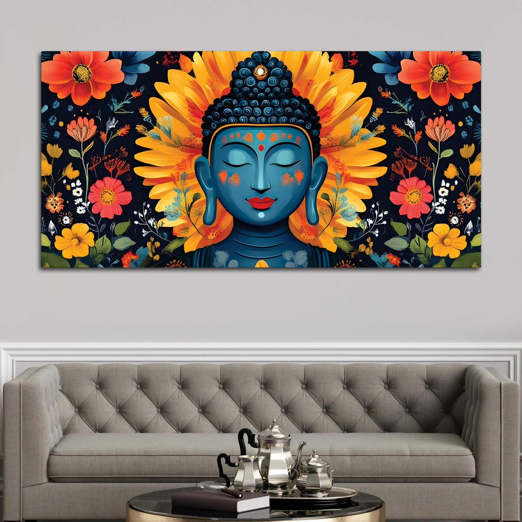 Buddha Wall Art with Floral Design – Peaceful Canvas Painting - Image 2