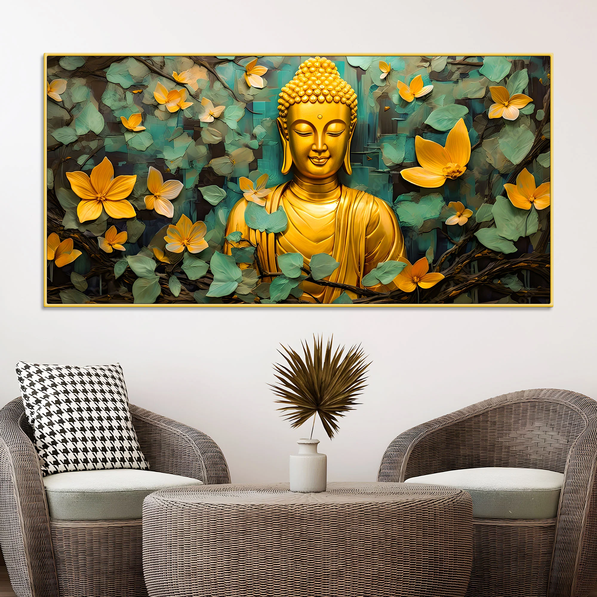 Buddha Wall Painting with Floral Leaves for Peace - Image 2