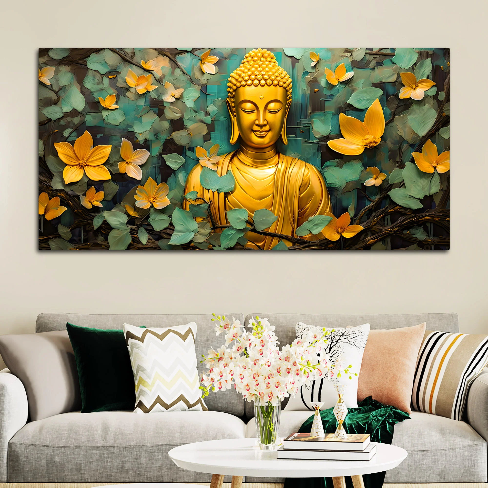 Buddha Wall Painting with Floral Leaves for Peace - Image 3