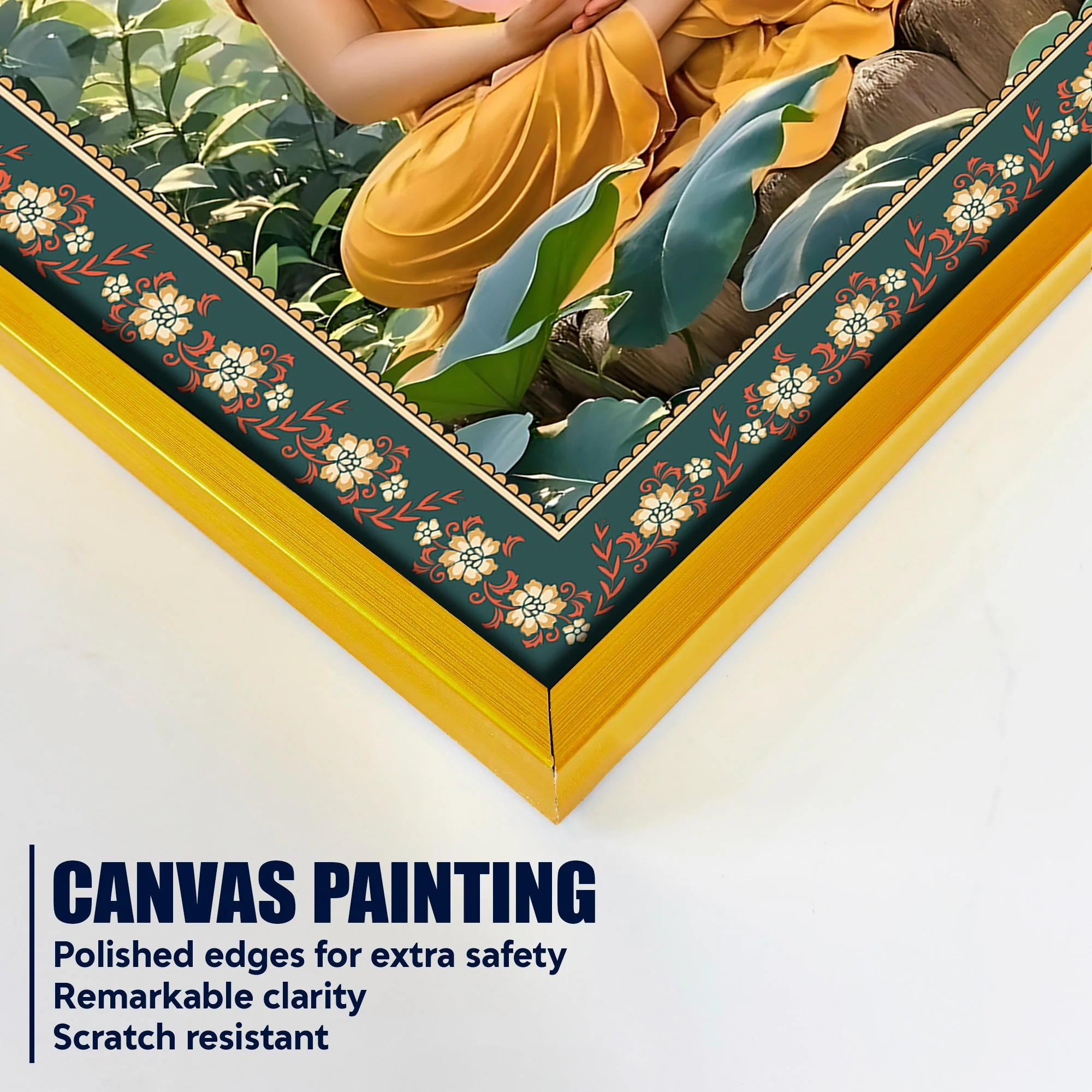 Buddha with Lotus Calm Peace Floral Border Vertical Wall Painting - Image 5