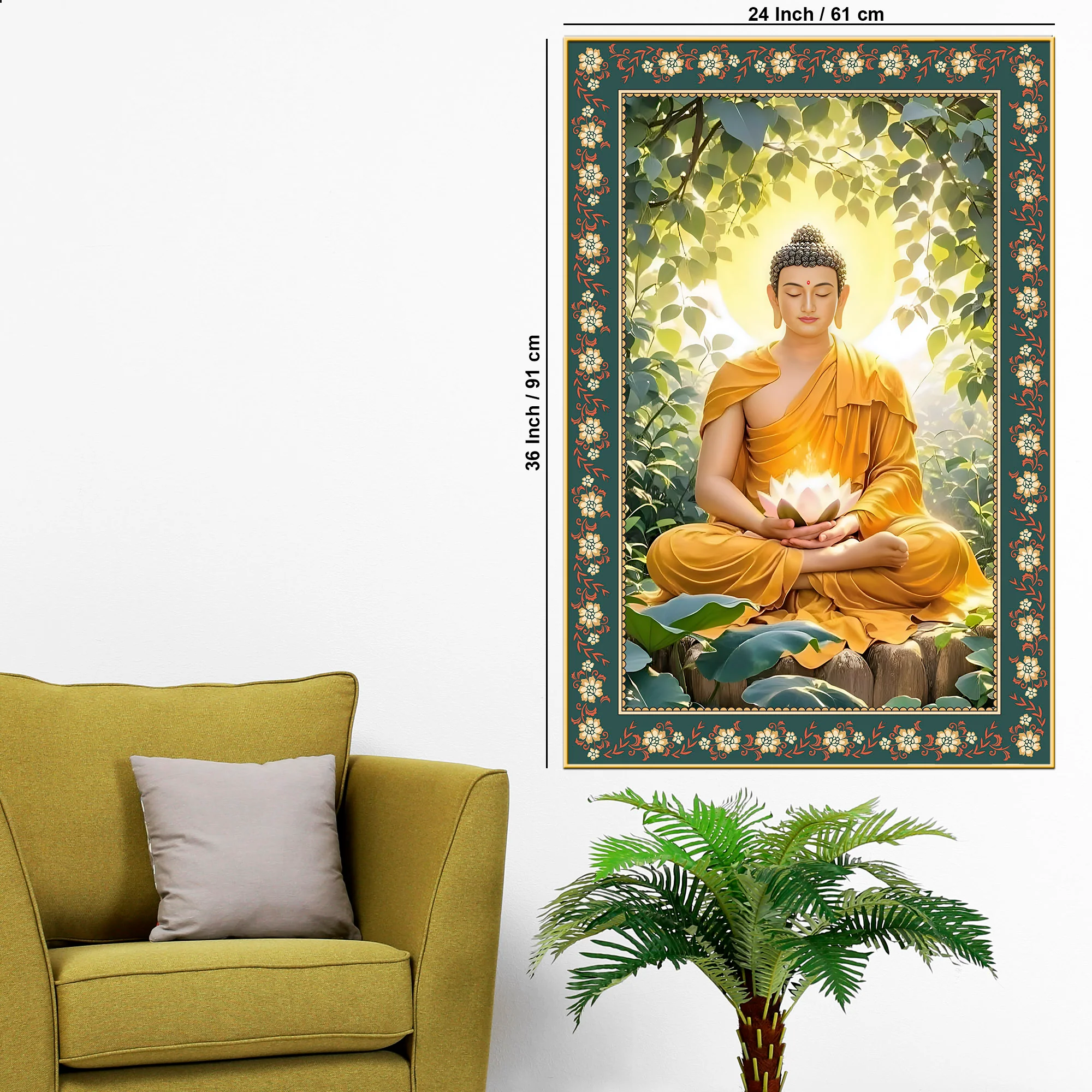 Buddha with Lotus Calm Peace Floral Border Vertical Wall Painting - Image 6