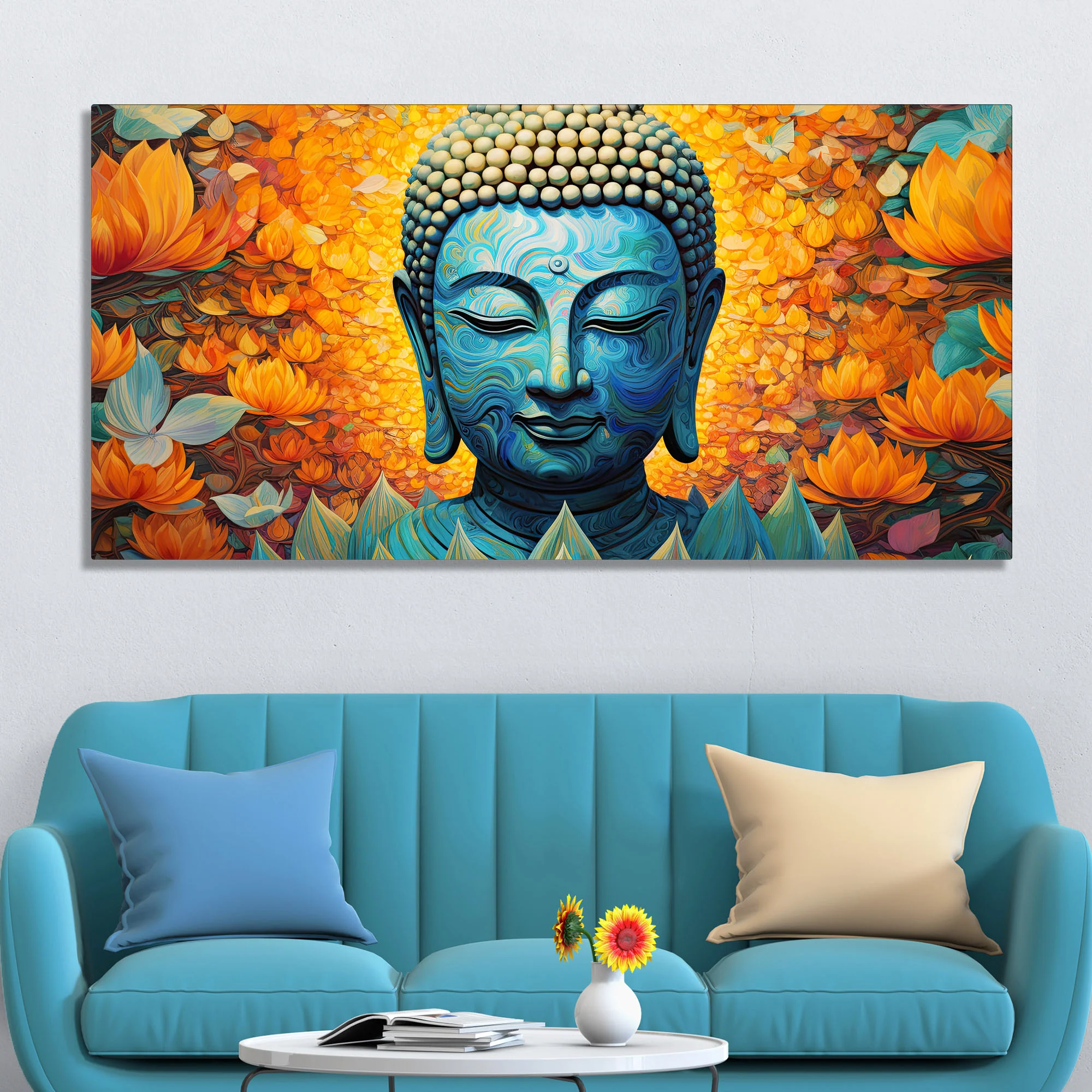 Buddhist Statue with Lotus Flowers Background Canvas Wall Painting - Image 2