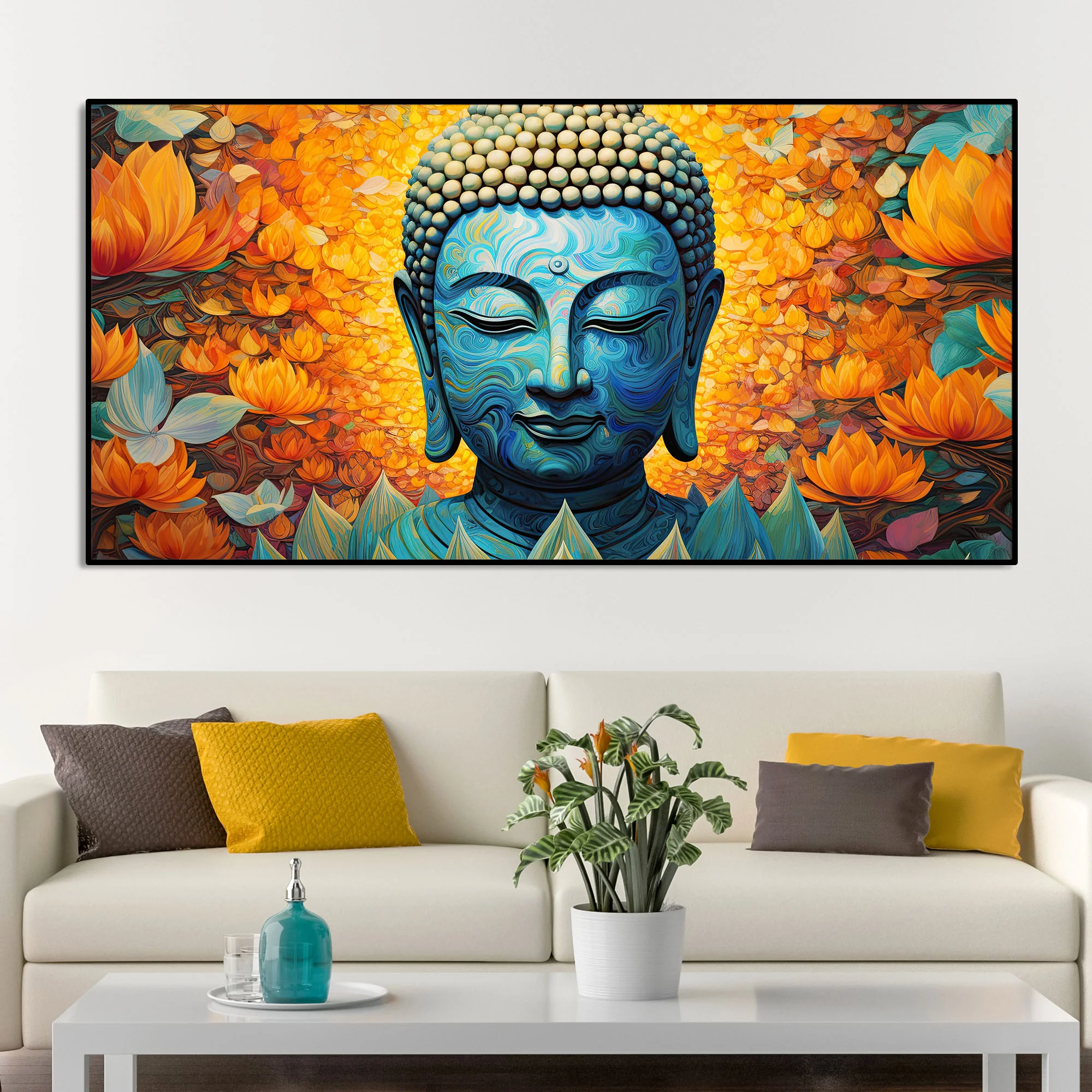 Buddhist Statue with Lotus Flowers Background Canvas Wall Painting - Image 3