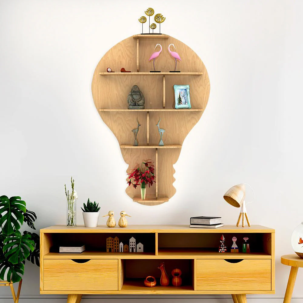 Bulb Shape Backlit Designer Wooden Wall Shelf / Book Shelf / Night Light, Light Oak Finish - Image 2