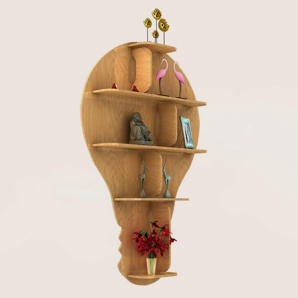 Bulb Shape Backlit Designer Wooden Wall Shelf / Book Shelf / Night Light, Light Oak Finish - Image 3