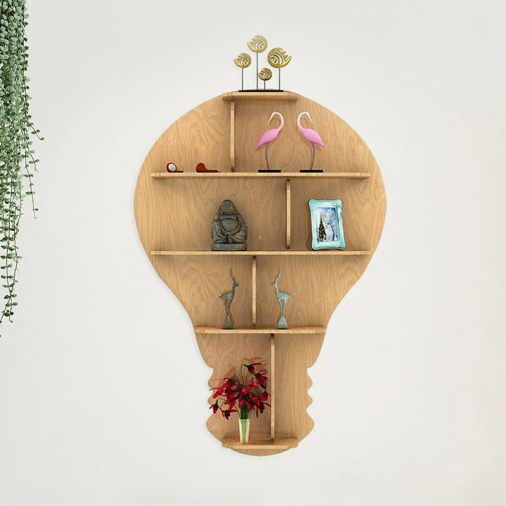 Bulb Shape Backlit Designer Wooden Wall Shelf / Book Shelf / Night Light, Light Oak Finish - Image 4