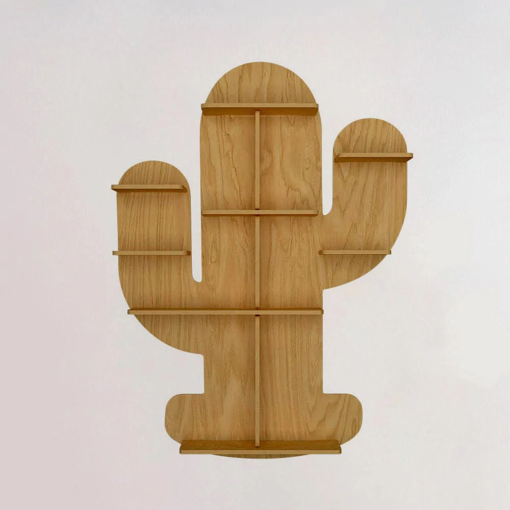 Cactus Shape Designer Wooden Wall Shelf / Book Shelf, Light Oak Finish - Image 2
