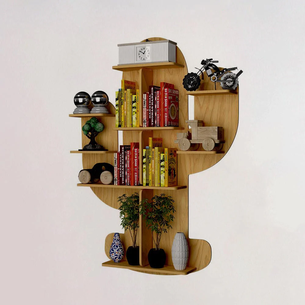 Cactus Shape Designer Wooden Wall Shelf / Book Shelf, Light Oak Finish - Image 3