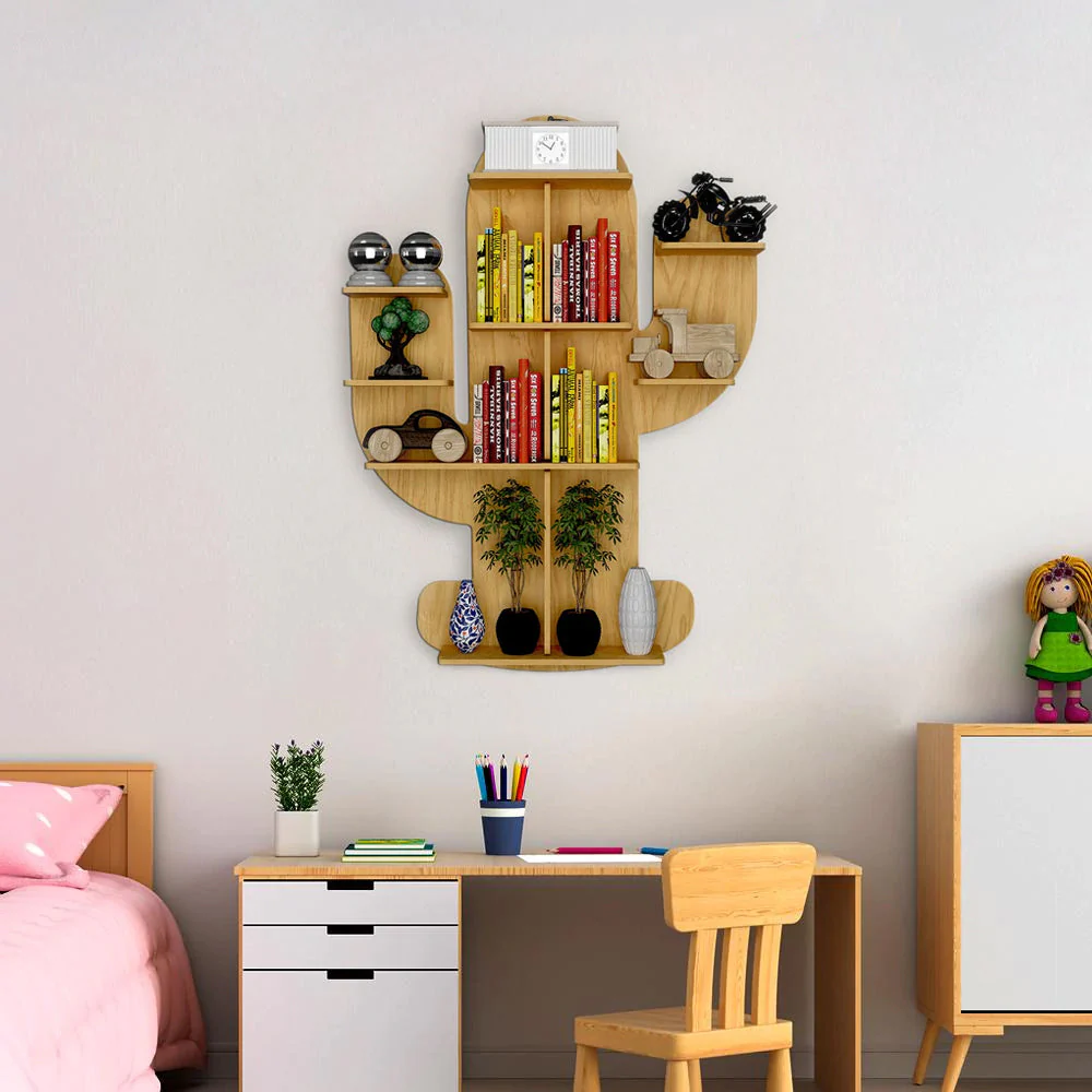 Cactus Shape Designer Wooden Wall Shelf / Book Shelf, Light Oak Finish - Image 4