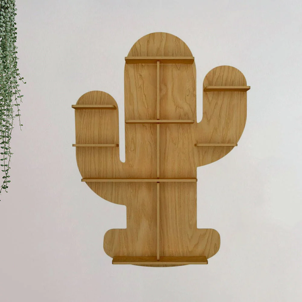 Cactus Shape Designer Wooden Wall Shelf / Book Shelf, Light Oak Finish - Image 5
