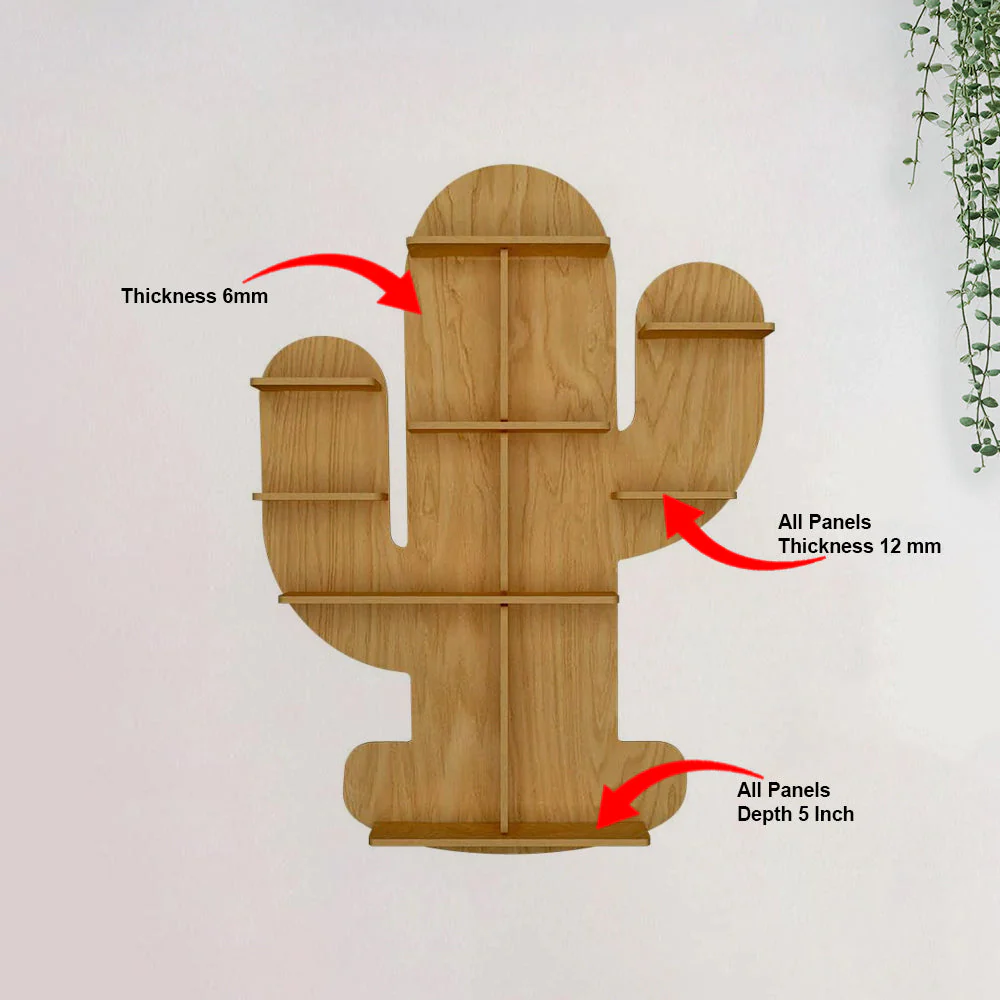 Cactus Shape Designer Wooden Wall Shelf / Book Shelf, Light Oak Finish - Image 6