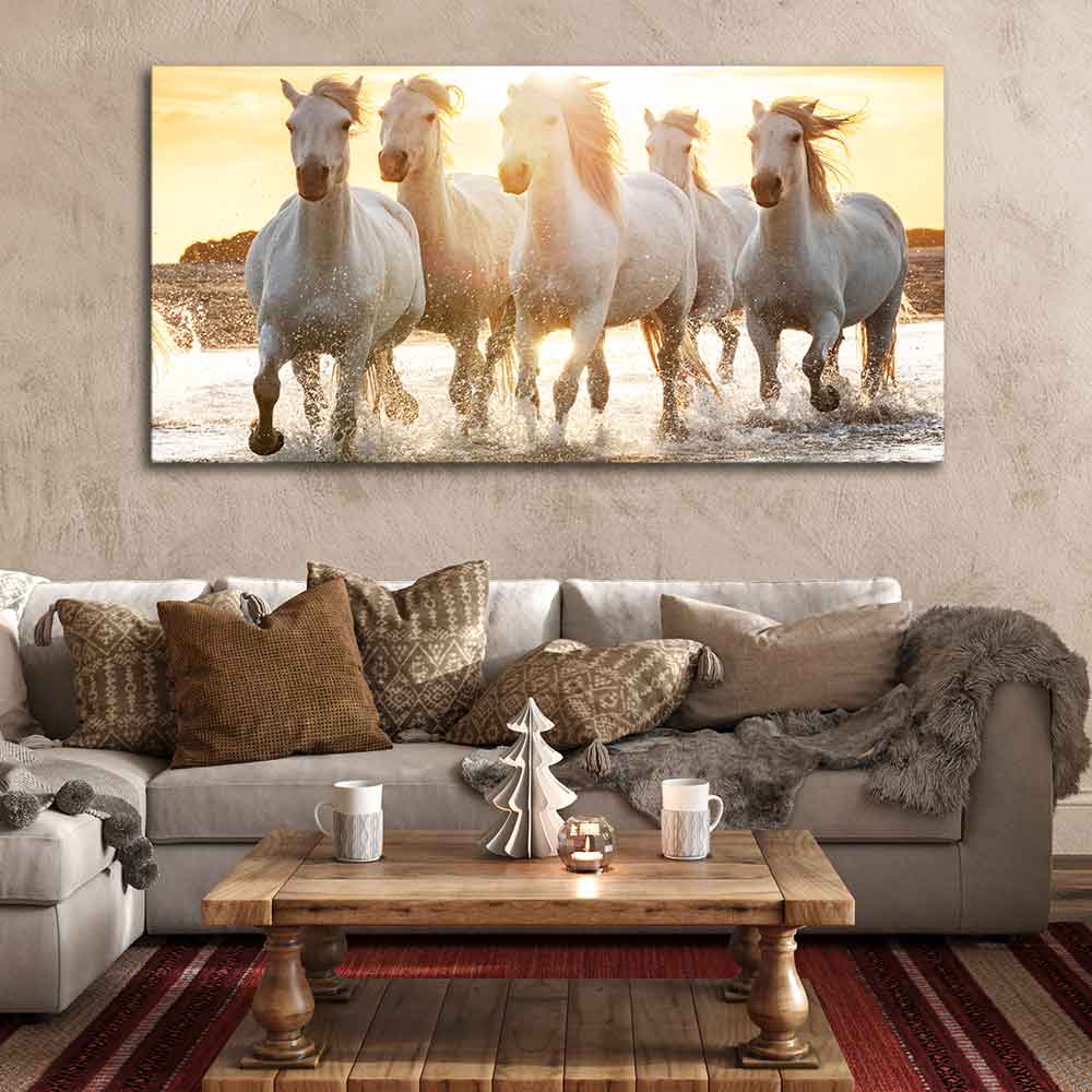 Camargue White Horses Running in Seaside Premium Wall Painting - Image 2