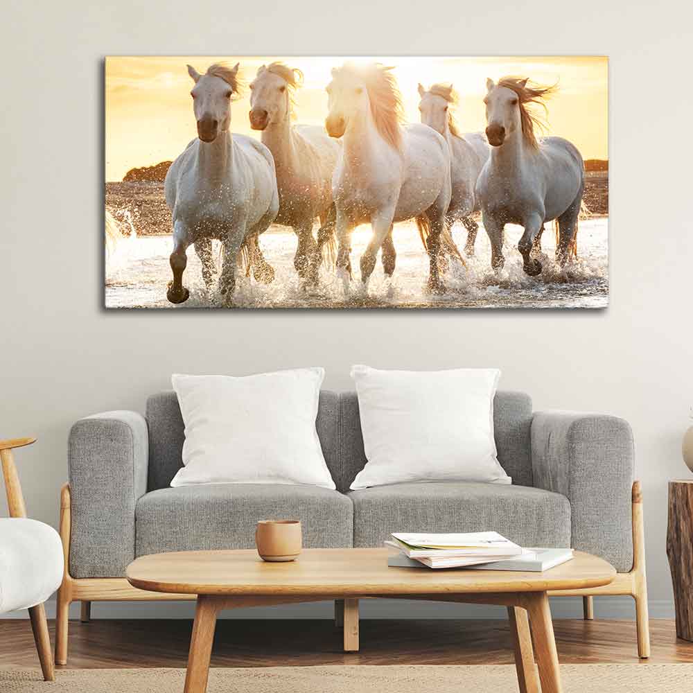 Camargue White Horses Running in Seaside Premium Wall Painting - Image 3