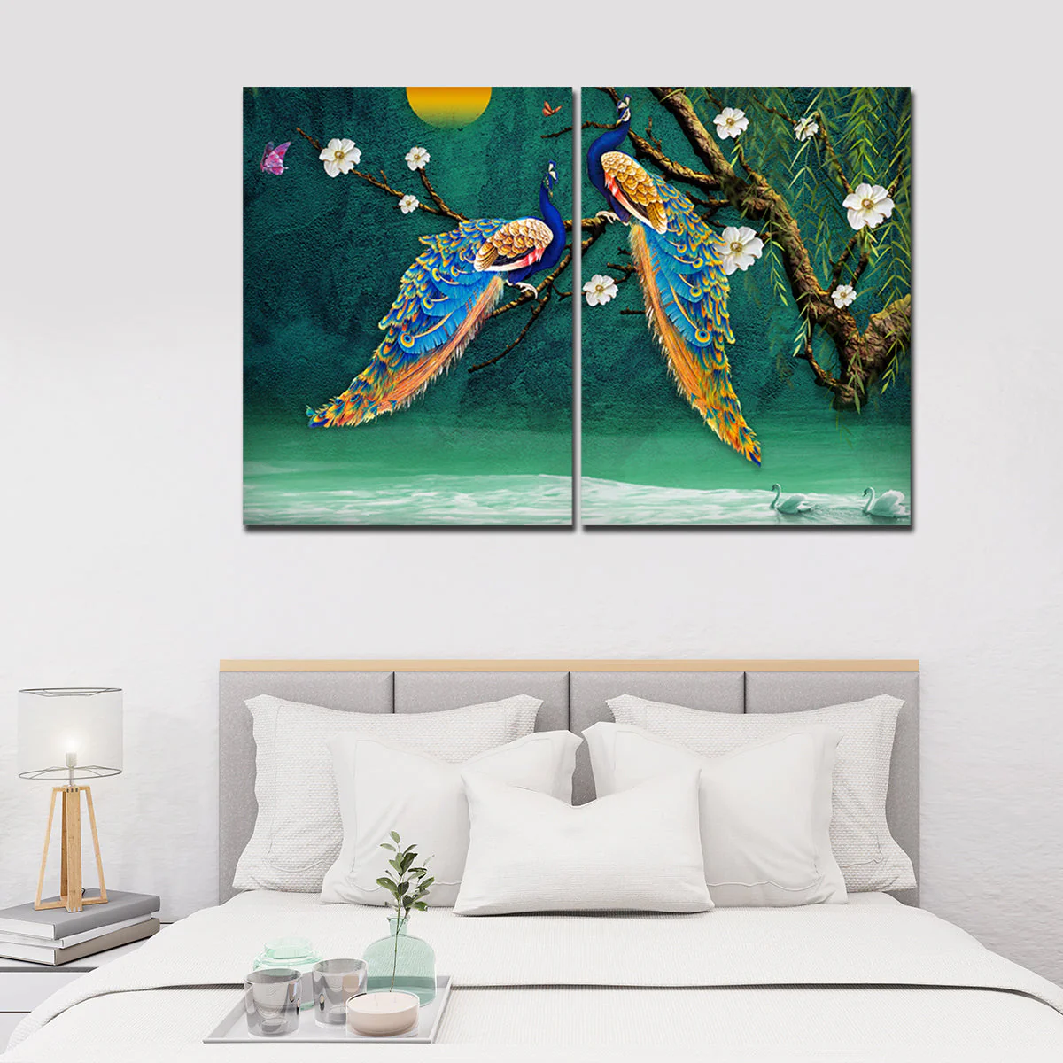 Canvas Bedroom Wall Painting of 2 Pieces Beautiful Bird Couple in Forest - Image 3