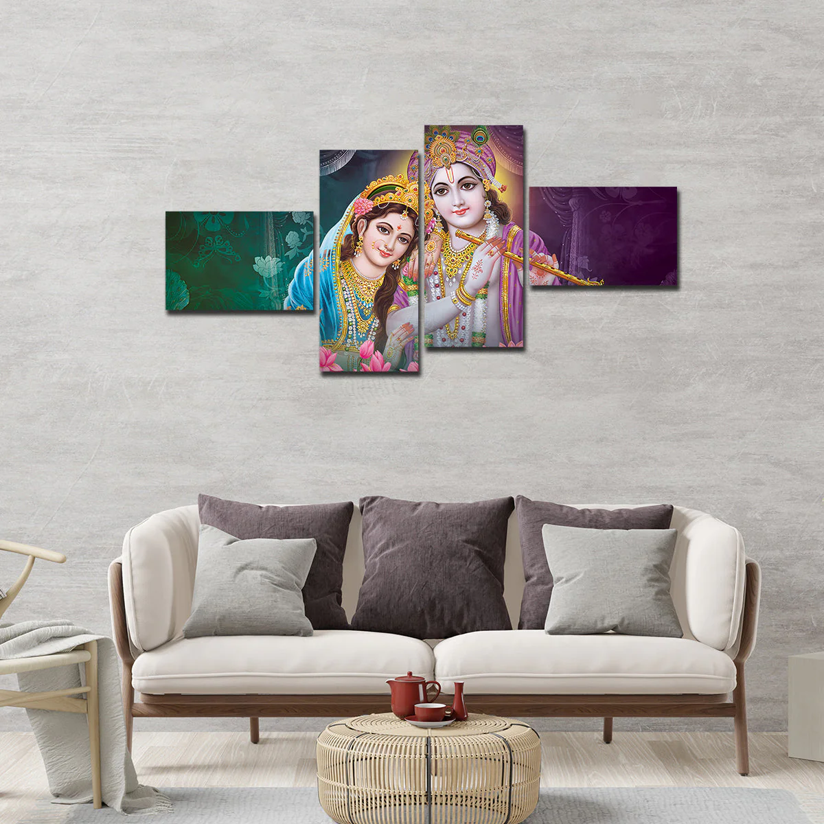 Canvas Wall Painting of 4 Pieces Lord Krishna with Radha - Image 3