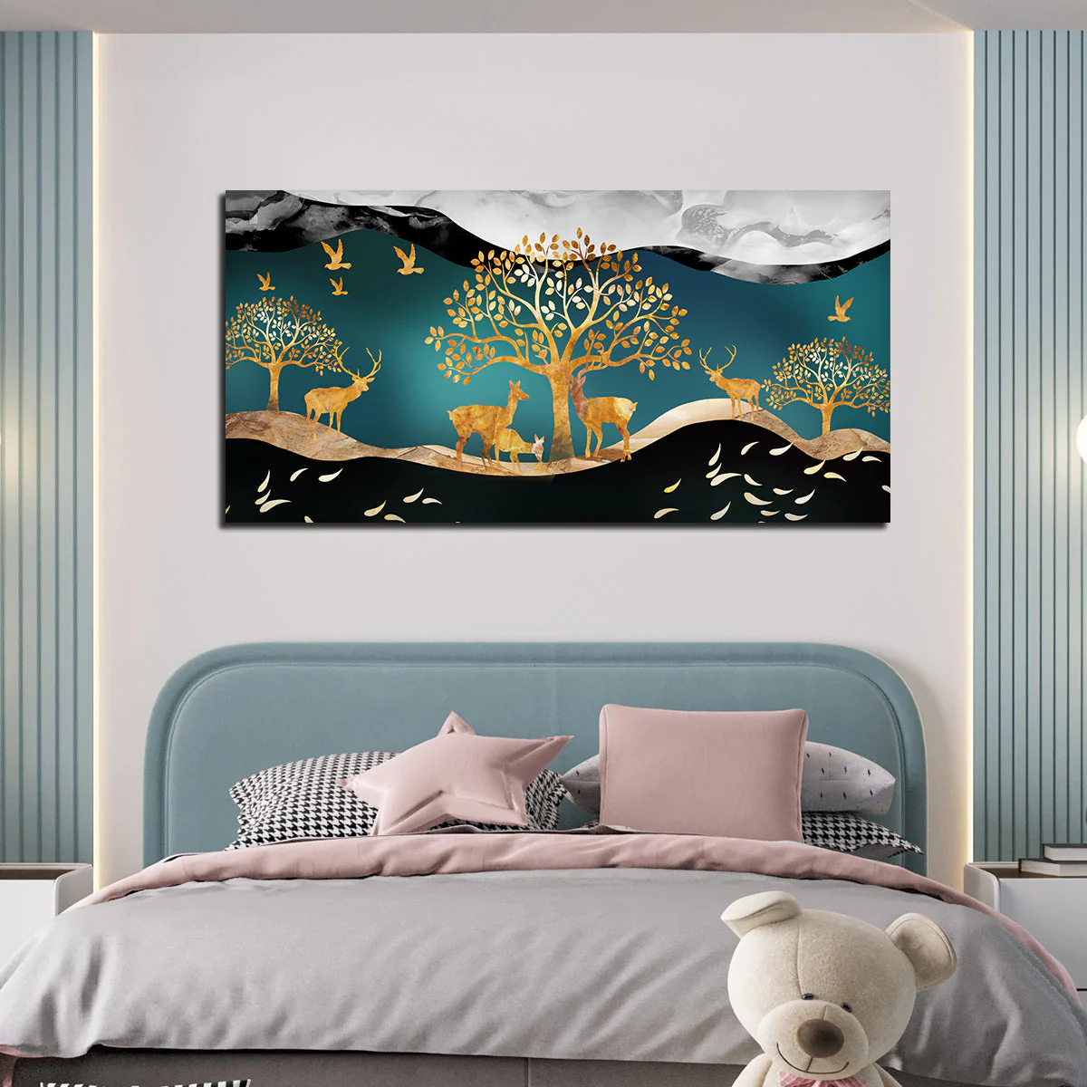 Canvas Wall Painting of Golden Trees With Birds And Deer - Image 2