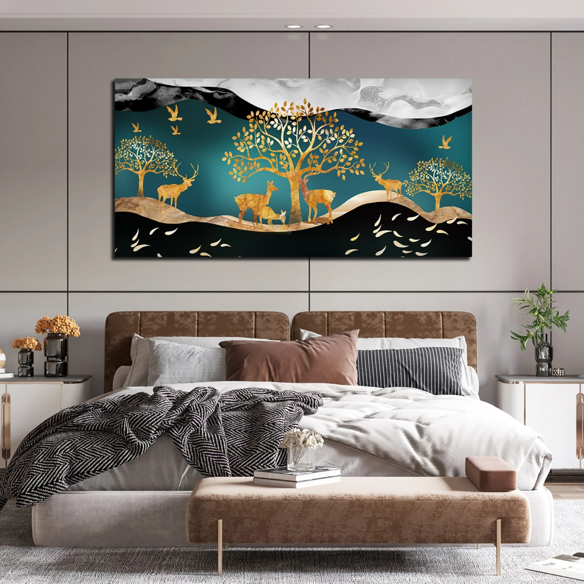 Canvas Wall Painting of Golden Trees With Birds And Deer - Image 3