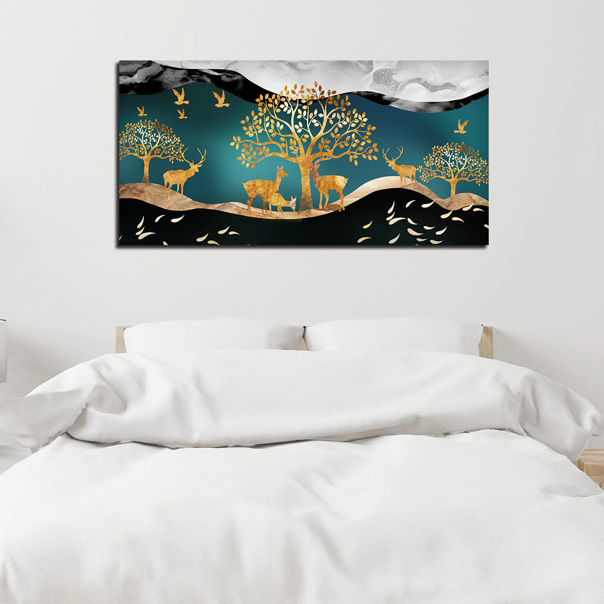 Canvas Wall Painting of Golden Trees With Birds And Deer - Image 4