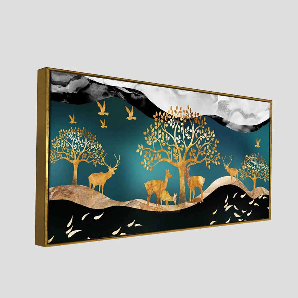 Canvas Wall Painting of Golden Trees With Birds And Deer - Image 5