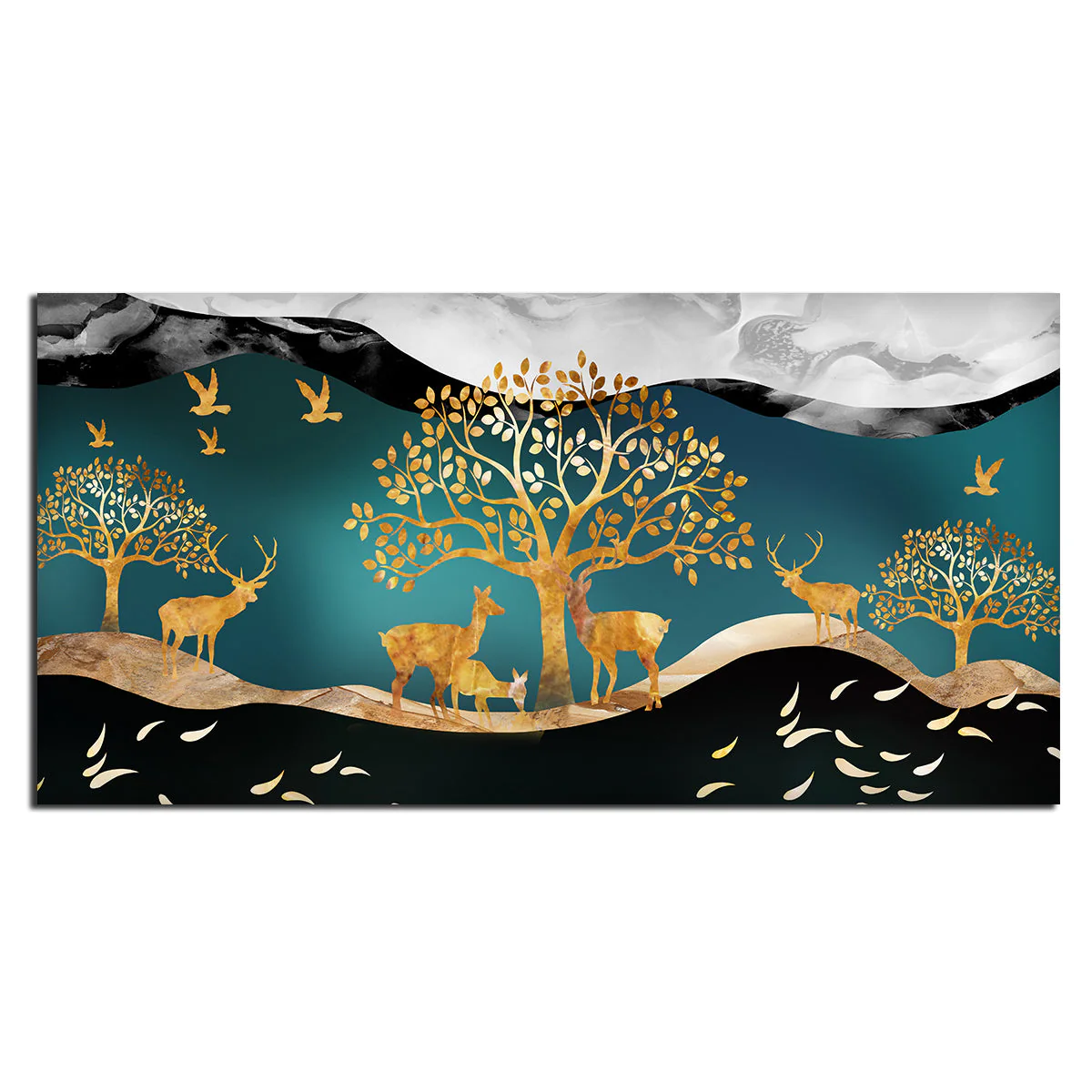 Canvas Wall Painting of Golden Trees With Birds And Deer - Image 6
