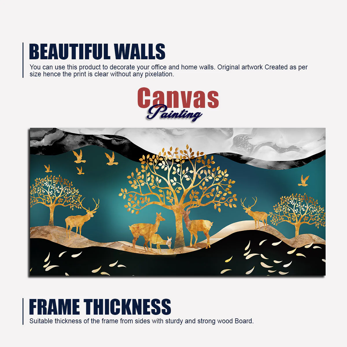 Canvas Wall Painting of Golden Trees With Birds And Deer - Image 7