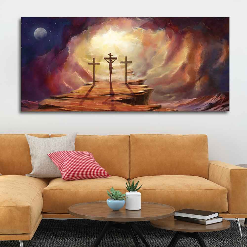 Canvas Wall Painting of Jesus Cross with Moon Dark Background - Image 2