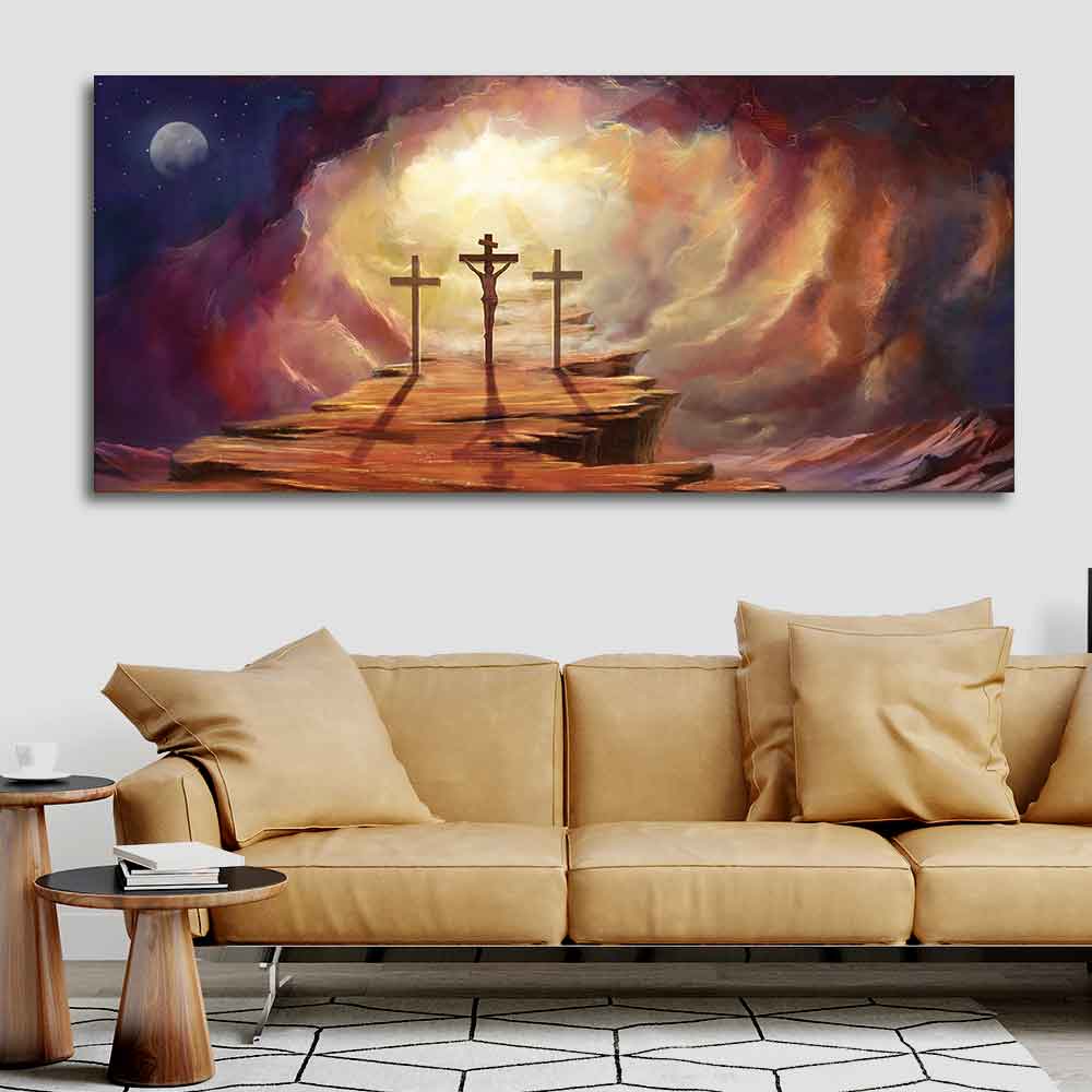 Canvas Wall Painting of Jesus Cross with Moon Dark Background - Image 3
