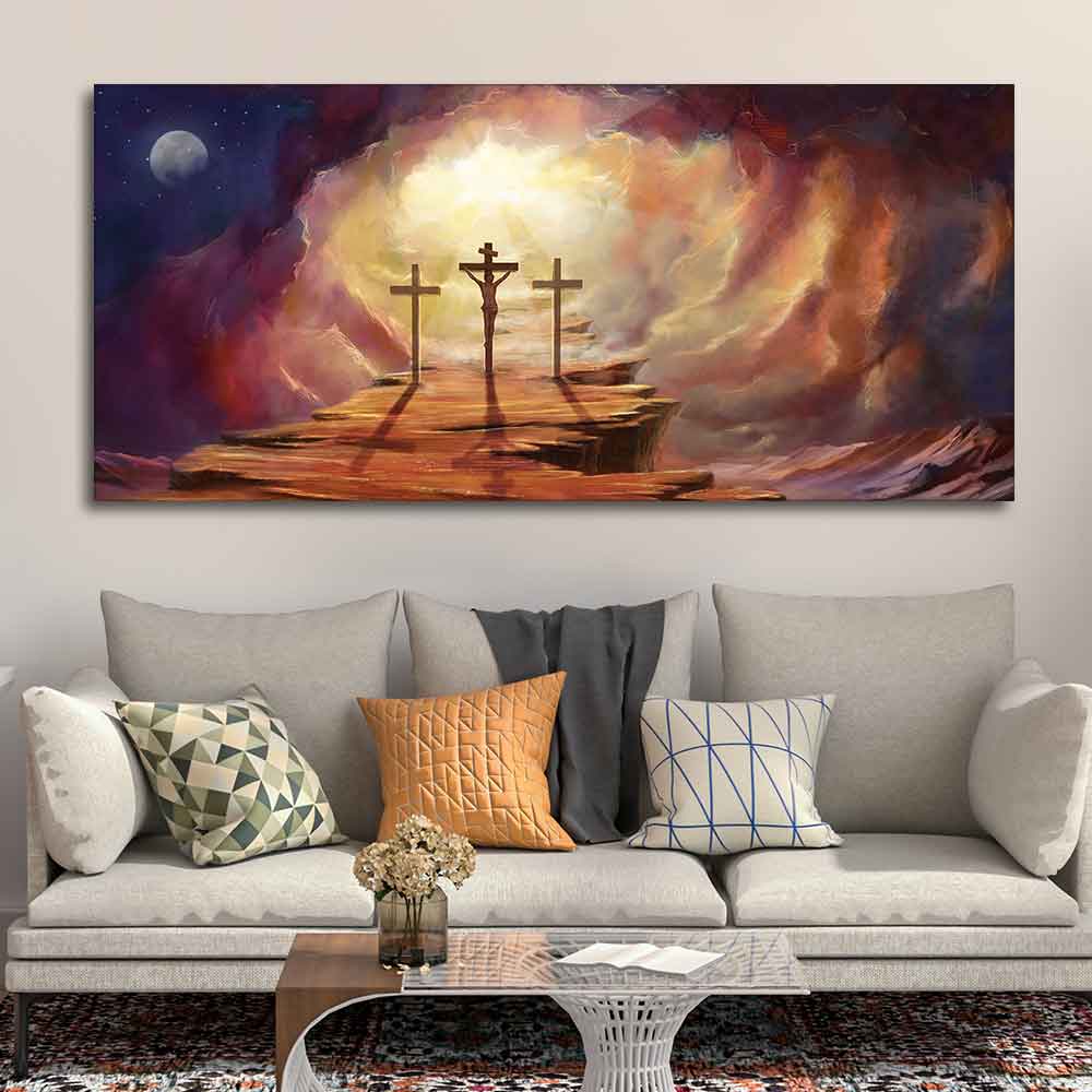 Canvas Wall Painting of Jesus Cross with Moon Dark Background - Image 4
