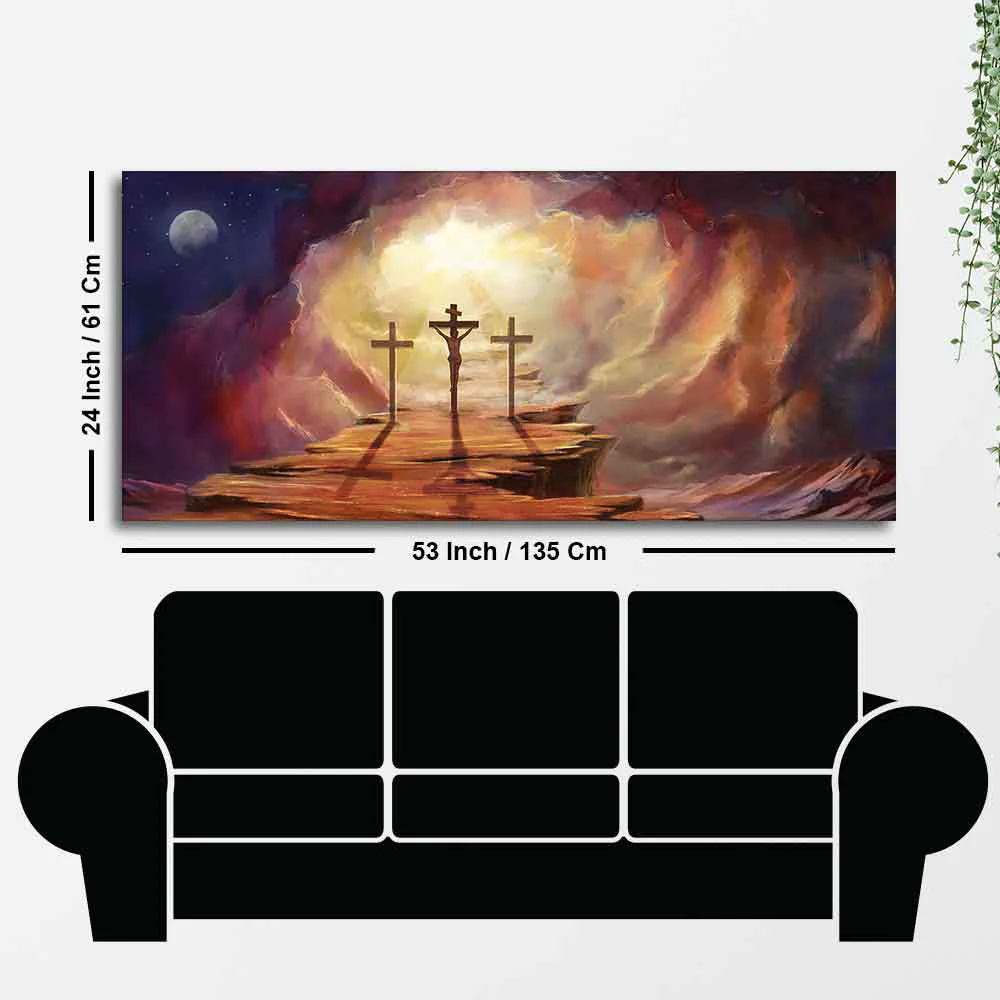 Canvas Wall Painting of Jesus Cross with Moon Dark Background - Image 7