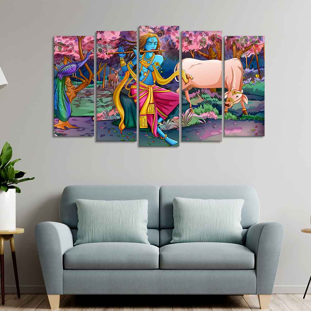 Canvas Wall Painting of Krishna Playing Flute Set of Five - Image 2