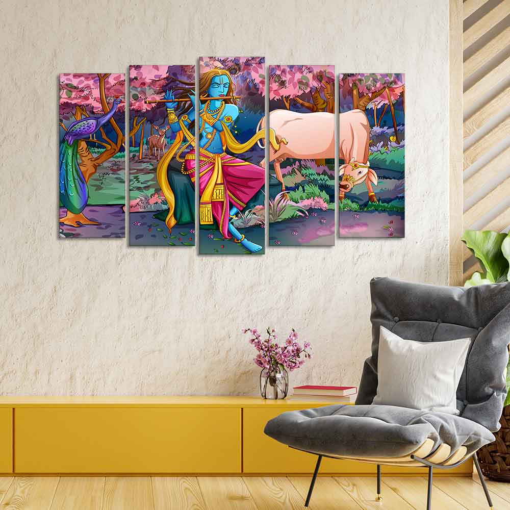 Canvas Wall Painting of Krishna Playing Flute Set of Five - Image 3