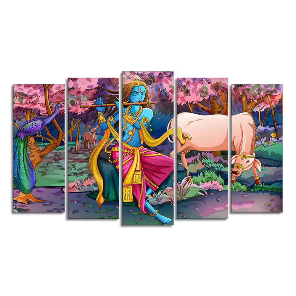 Canvas Wall Painting of Krishna Playing Flute Set of Five - Image 4